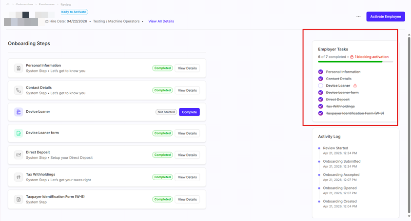 Employee onboarding record with the Employer Tasks panel and Activate Employee button