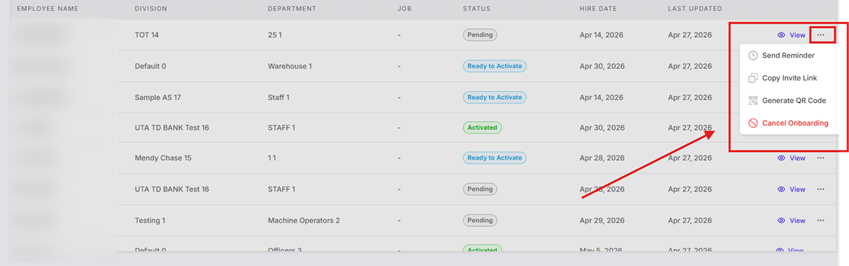 Row menu with Send Reminder, Copy Invite Link, Generate QR Code and Cancel Onboarding