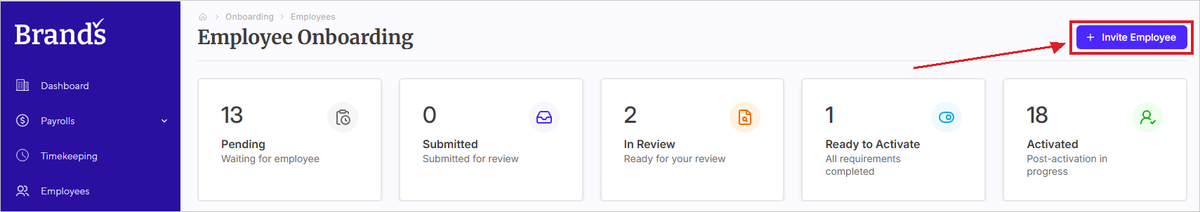 Employee Onboarding page with the + Invite Employee button